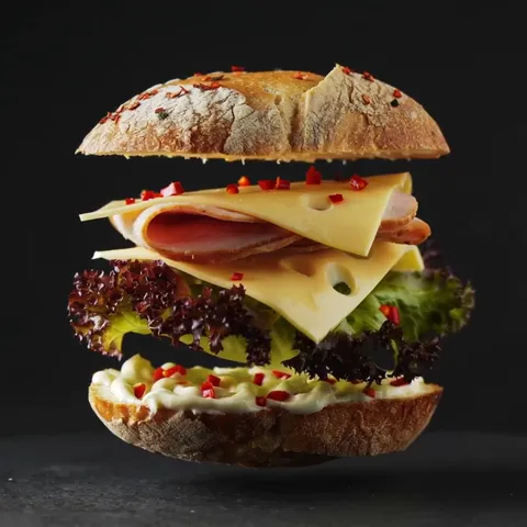 The layers drift apart. The edge of every ingredient reads separately — the composition is legible without a line of tex