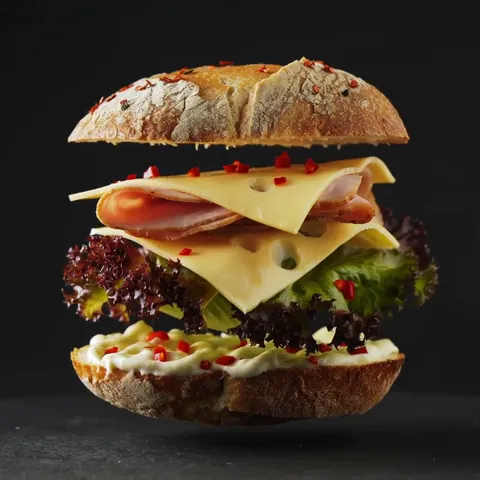 The layers close and the cheese and ham ripple. In motion the food looks fresh: the lettuce springs, the cheese bends.