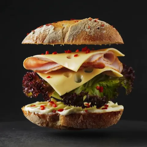 The finale: the burger nearly assembled, the layers in place. Five seconds have shown composition and texture — the reas