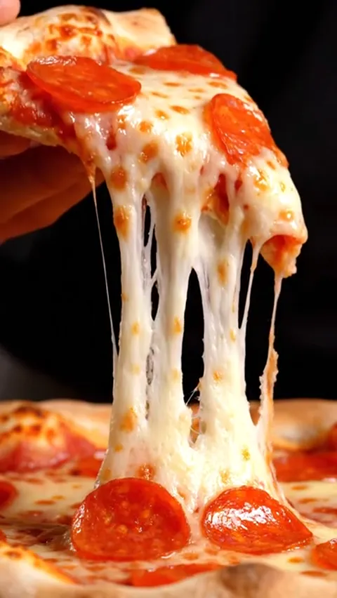 The slice rises higher, the strings stretching nearly the full height of the frame. Cheese pull is the one signal people