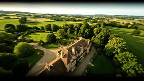 The house comes closer, the drive and inner courtyard visible. The building turns out to be not one but several linked w