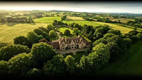 The camera lifts and the fields run to the horizon. The scale of the grounds against the house reads — and that is what 