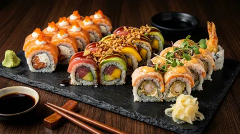 A sushi set on black slate: rows with salmon, tuna, avocado and prawn, topped with shavings and microgreens. Soy sauce, 