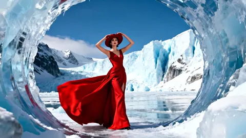 A glacier: a woman in a long red dress and a red hat stands on the ice, the frame ringed by an arch of ice. An ice wall 