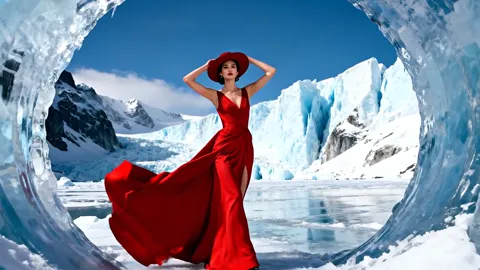 The hem swings aside as the cloth catches the wind. Red against white and blue is the only colour in frame, and attentio