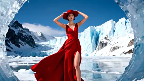 She raises her hands to the hat and the dress opens into a train. The fabric is light and fluid: it moves in a wave rath
