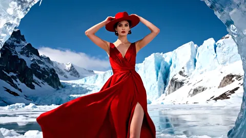 The finale: the train settles on the ice and the slit in the skirt opens. Eight seconds have shown the dress in motion —