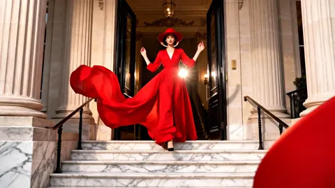 A hotel's marble staircase between columns: a woman in a red dress and hat steps out of the doors, the skirt flying behi
