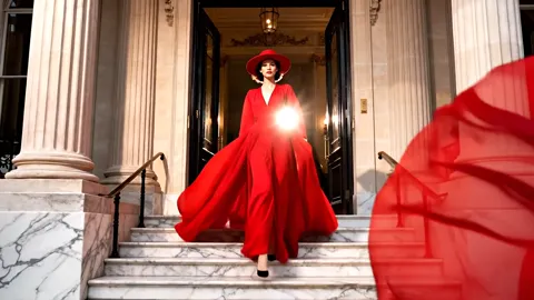 She descends, the cloth moving in a wave. Red against white marble is the only colour in frame, and the eye stays on the