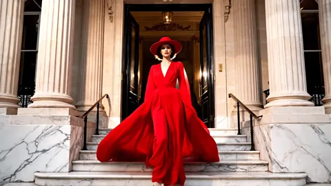 She is halfway down, the colonnade entire in frame. The scale of the facade reads through her figure: the columns are th