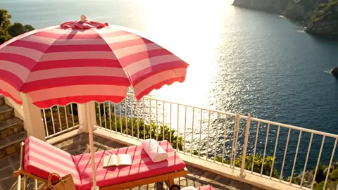 The camera moves forward and the parasol comes closer. The stripes read large — the cloth is dense rather than transluce