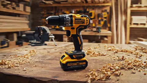 A cordless drill stands on a workbench among shavings: a yellow and black body, a battery in the base, a tool wall behin