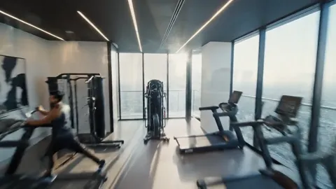 The gym entire, the city beyond the glass. The floor level reads — the windows sit above the neighbouring roofs.