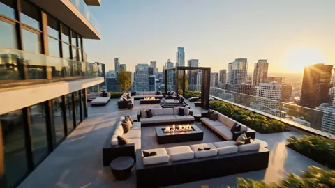 The finale: a rooftop terrace with sofas and a fire pit, the city at sunset. Eight seconds have walked the whole develop