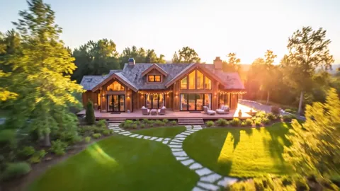 A house of timber and stone at sunset: a pitched roof, large windows, a mown lawn with a stone path in front.