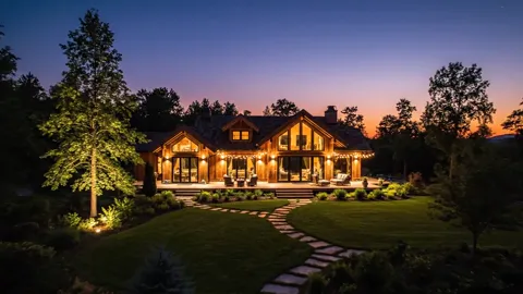 Dusk, and lights come on in the windows. The internal layout reads through the glazing — how many rooms face the front.