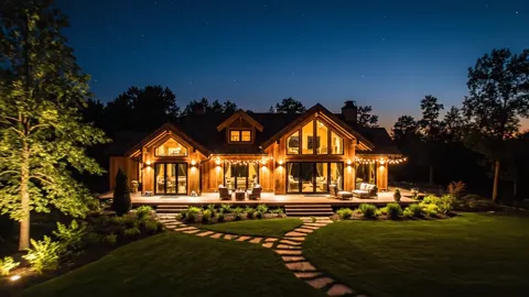 Darker, and the path and terrace lighting comes on. You can see how the lighting is laid out across the plot, not just o