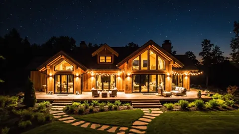The finale: night, the house glowing entire, stars above the roof. Eight seconds have shown the property in three states