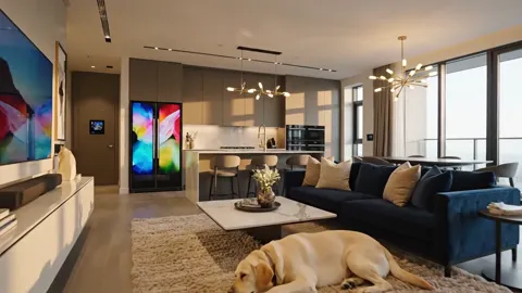 A spacious living room: a navy corner sofa, a rug, a spider chandelier, full-height windows. A dog lies on the rug.