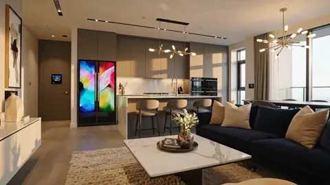 The camera moves sideways, revealing a dining area behind the sofa. The space is continuous: living, dining and kitchen 