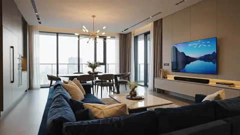The full depth of the room to the window is visible. The dog on the rug gives the scale — the distance from sofa to wind