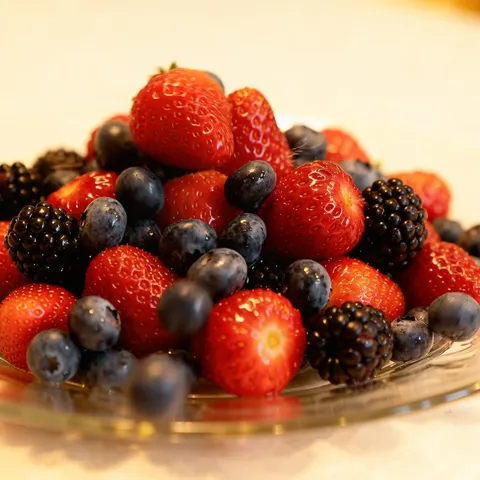 Slightly closer: seeds and droplets on the strawberries, the waxy bloom on the blueberries. Freshness markers no descrip
