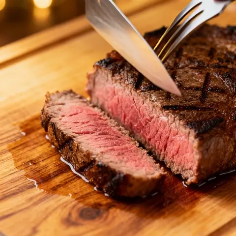 A steak on a wooden board, close: a dark crust with grill marks, the cut pink through its full thickness. A knife and fo
