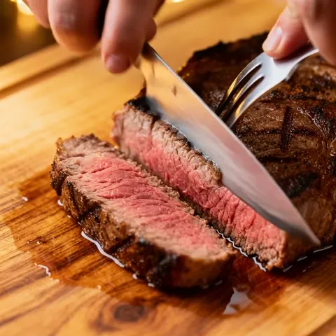 The knife draws down, taking off a slice. The meat cuts without effort and does not spring back — a doneness signal a me