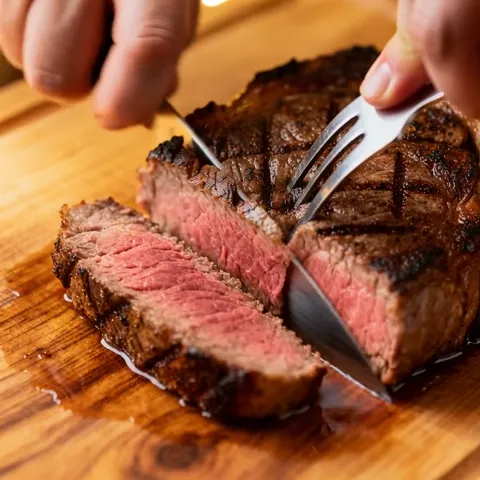 The slice comes away, the cut face fully open. A pink centre with an even gradient to the crust — the very level the dis