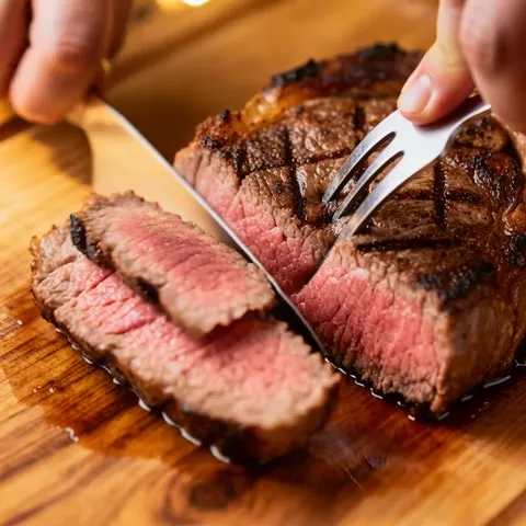 The finale: the slice on the board, juices running into the wood. Five seconds have shown doneness and juiciness — which