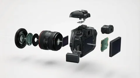 The finale: the parts draw together, the camera nearly reassembled. Ten seconds have shown what a tech listing renders a