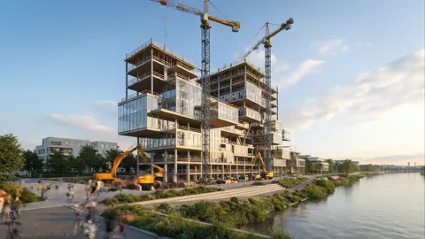 The frame gains floors and glazing, machinery working in the yard. The sequence reads: structure first, facade second.
