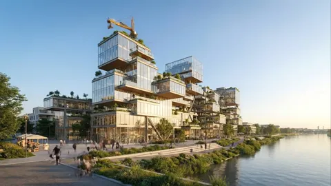 The finale: the building complete, greenery on the terraces, the waterfront alive. Eight seconds have shown a whole cons
