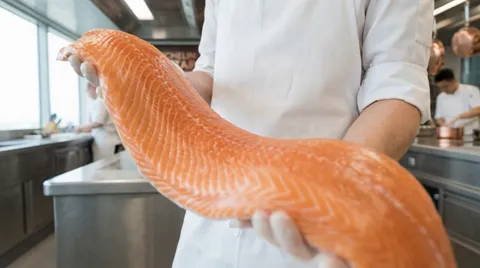 The fillet comes closer, held in two hands. It bends under its own weight — which is exactly how fresh fish behaves.