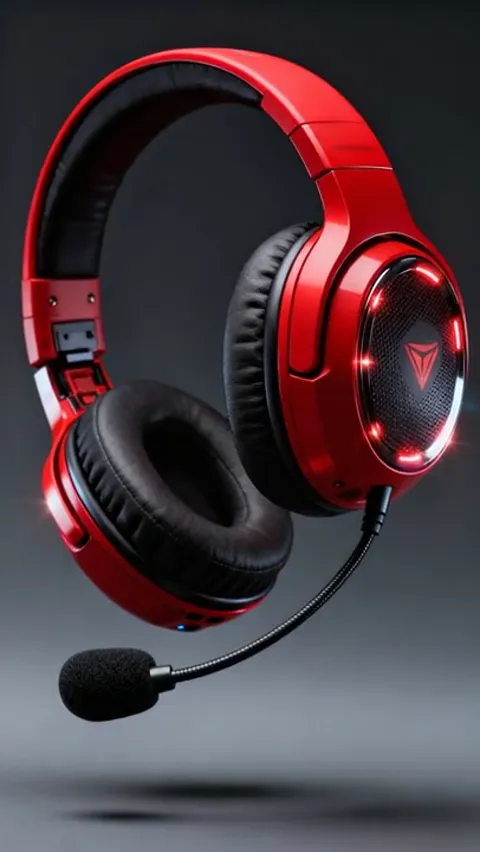 The headset hangs in the air against a grey gradient: a red body, black earcups, a ring light on the cup, a boom mic on 