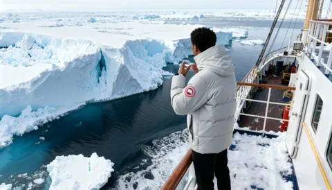 A ship's deck by an ice shelf: a man in a pale grey parka stands at the rail, an ice wall and dark water beyond.