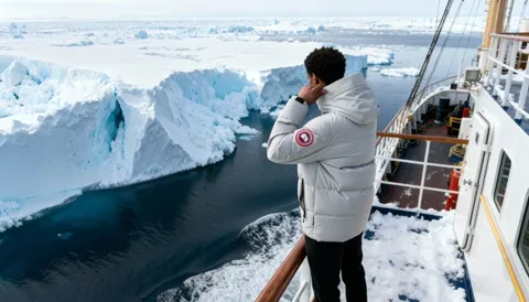 He raises his hands to his face. The parka does not bind at the shoulders — the loft is not bought with stiffness.