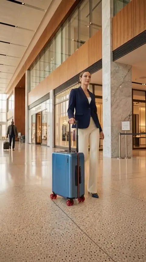 A shopping mall gallery: a woman in a dark blazer pulls a blue suitcase on red wheels behind her. A wide frame, the case