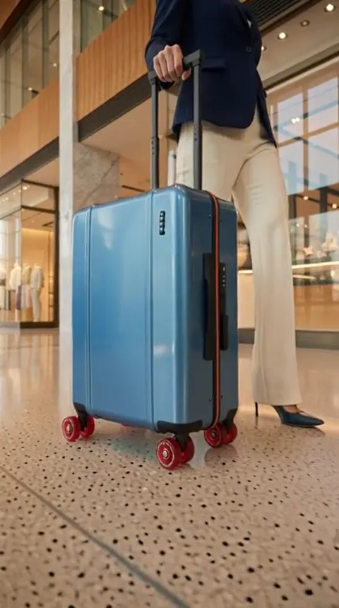 The frame drops to the case: a ribbed shell, red wheels, a combination lock on the side. The height of the wheelbase abo