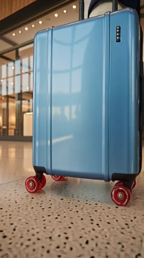 The finale: the case close, standing alone. Ten seconds have run from a wide shot to the lock and the wheels — the whole