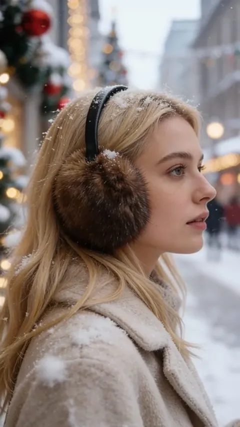 A snowy street with Christmas decorations: a woman in profile, earmuffs of dense fur on a slim black band. Snowflakes in