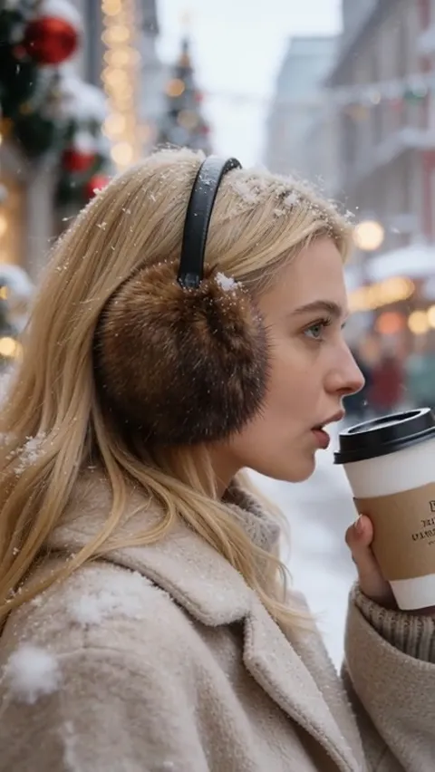 She raises a coffee cup. The fit of the earmuffs reads: the cups cover the ear completely, the band passing over the cro