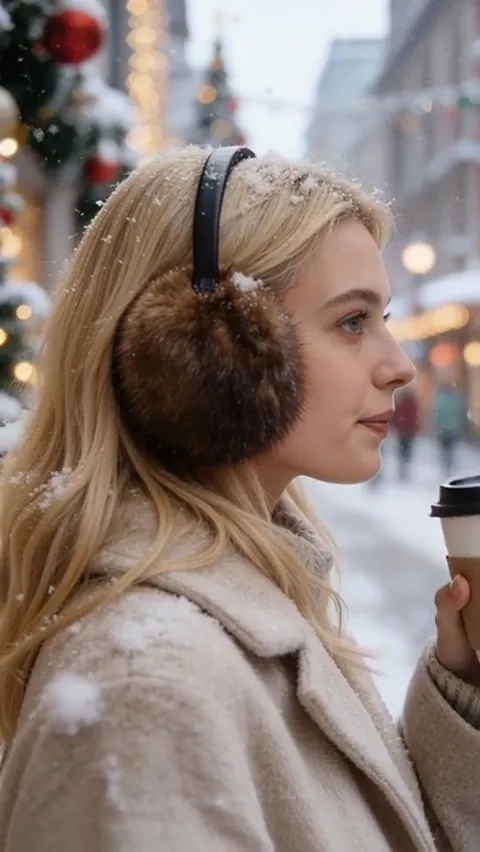 The finale: she looks into the distance, the earmuffs backlit. Five seconds have shown the accessory in cold and in wear
