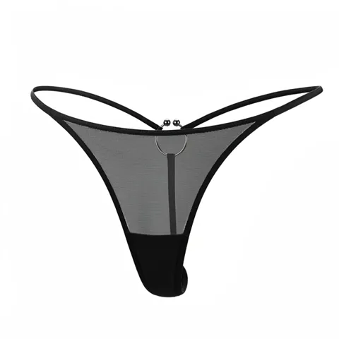The piece head-on against white: the sheer mesh, the ring on the waistband and the opaque lower panel are all visible. T