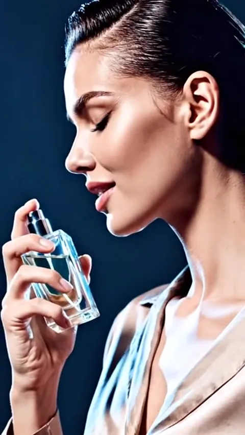 A cut: a woman in profile against deep blue raises the bottle to her neck. The glass is translucent and the fill level s