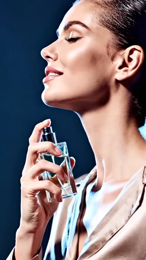 A press on the atomiser, her head tilted back. The moment of application — the reason fragrance is filmed with a person 