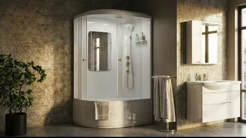 A bathroom with a stone wall: a shower cabin with curved glass, a column with tap and head inside. Warm light, the cabin