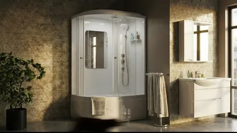 Slightly closer. The doors slide on a curve and the tray is deep — the lip stands noticeably above floor level.