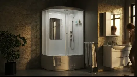 The finale: a silhouette appears behind the fogged glass. Eight seconds have shown the cabin not as an object on white b