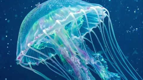 Blue water, a jellyfish close up with a translucent bell and long tentacles. The frame reads as documentary underwater f